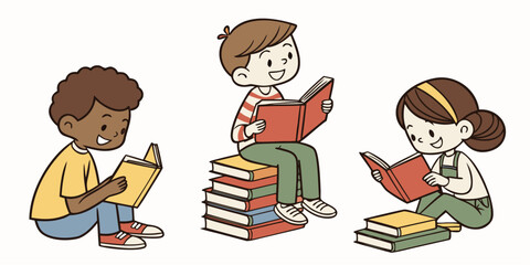 Three diverse, happy children enthusiastically reading books stacked high in a delightful learning moment