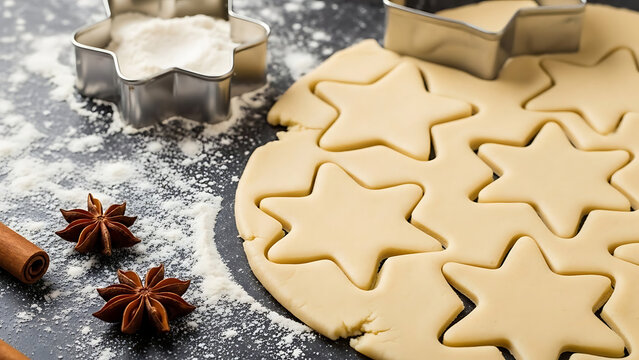 Close-up of cookie dough cut into star shapes on a dark surface, surrounded by flour, metal cookie cutters, cinnamon sticks, and star anise, showing the process of Christmas baking preparation. - Powered by Adobe