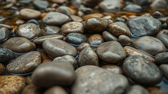 osmium. Smooth, rounded river stones resting on a riverbed, polished by water, with soft aquatic lighting. travel magazines, destination branding, designed for outdoor magazines and nature guides.