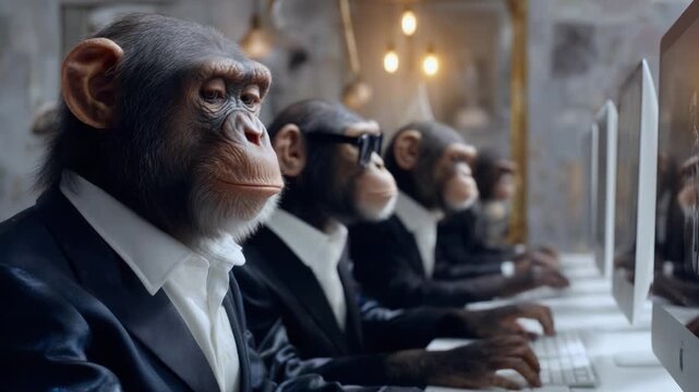 A group of intelligent-looking monkeys dressed in formal suits and sunglasses, working diligently at computer desks, embodying the fusion of nature and technology in a creative setting.