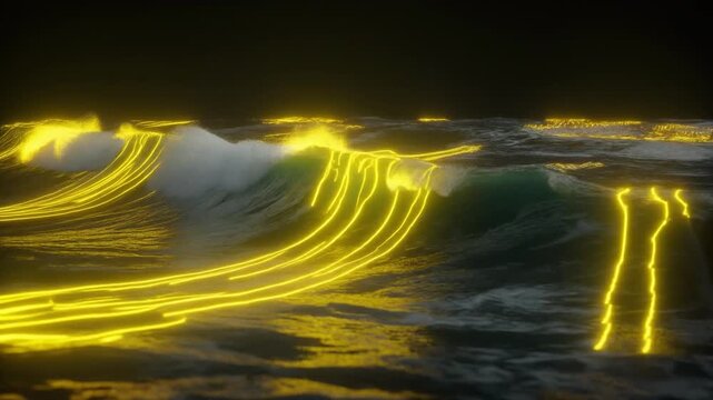 Slow-motion simulation of powerful ocean waves breaking, with the kinetic energy of the water 