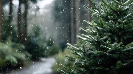 Close-up of snow falling on a Christmas tree farm in the forest, with forest background, green pine trees, bokeh, snow, macro photography, blurred.