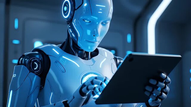 White humanoid robot using a tablet against a clean, bright background