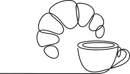Croissant and coffee drawn in one line style.one line  vector illustration  with out background