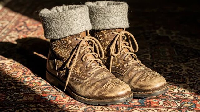 Sunlit cozy boots resting on vintage patterned rug in warm atmospheric setting