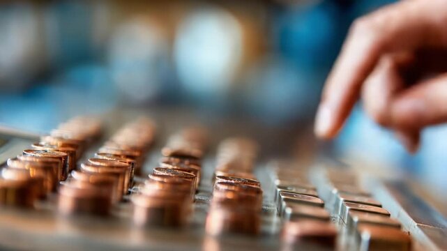 Detailed Close-Up of a Hand Operating a Calculator with Copper Coins, Showcasing Precision and Attention to Financial Calculations in Everyday Usage
