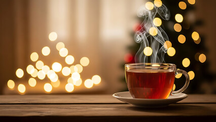 A cup of steaming hot tea on a saucer on a wooden table, with a blurred and warm Christmas tree light background in the evening.