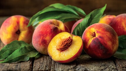 Fresh ripe peaches, one halved, on rustic wooden table
