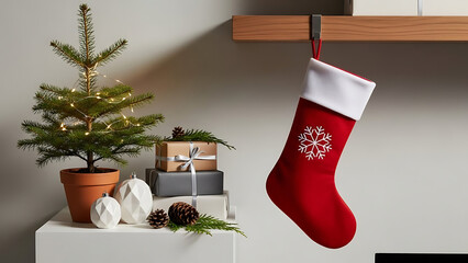 Minimalist Christmas decoration with a red snow-patterned stocking hanging, a small fir tree with lights, and wrapped gifts underneath, against a clean white background.
