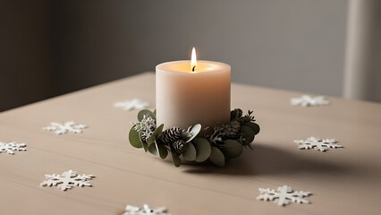 A large pillar candle lit in the center of a garland of eucalyptus leaves and pine cones, adorned with paper snowflakes on a wooden table.