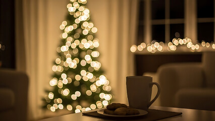 A warm and cozy scene with a mug of hot drink and cookies on a table, with a brightly lit and soft-focus Christmas tree bokeh in the blurred living room background.