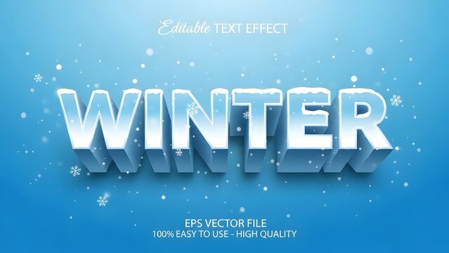 3d winter text effect with snow and ice decoration on blue gradient background, editable vector graphic design element for holiday season