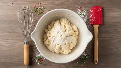 Overhead view of cookie dough in a white bowl, surrounded by a wire whisk, a red spatula, and red and green sprinkles, on a wooden table.