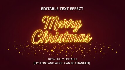 Editable neon light text effect for merry christmas greeting with glowing golden font and sparkling particle overlay on dark red background