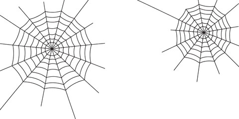 Fototapeta premium Two black and white spider webs, simple line art illustration, isolated on white background