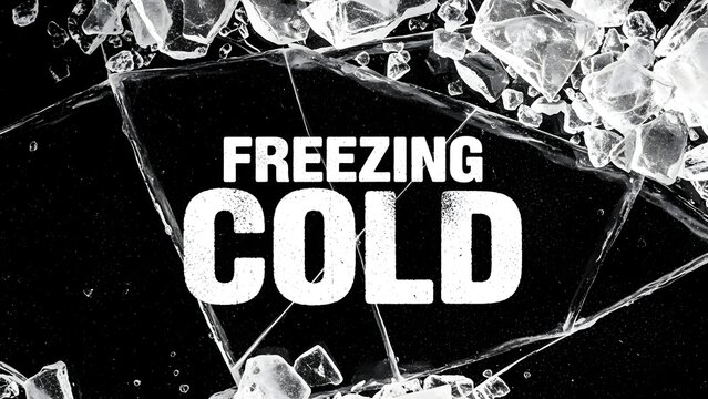 Text overlay reading freezing cold on a background of shattered ice fragments and cracked frozen water surface in high contrast black and white - Powered by Adobe