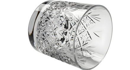 Clear Elegant Cut Crystal Whisky Glass Tumbler with Intricate Pattern isolated PNG with Transparent Background
