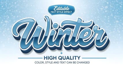 Editable 3d text style effect for the word winter with blue glossy look and snow background, high quality graphic design element