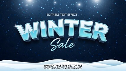 Editable text effect for winter sale promotion with icy blue 3d typography against a dark snowy night background with falling snow