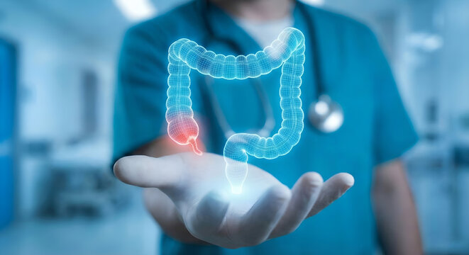 Doctor Holding Futuristic Hologram of Colon showing Acute Appendicitis Inflammation