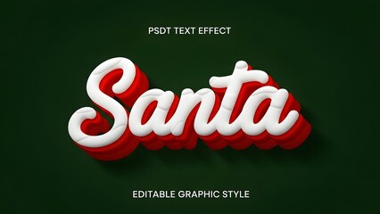 Editable photoshop text effect style featuring the word santa in bold red and fluffy white font against a dark green background for holiday design