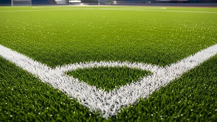 A detailed view of a vibrant green artificial turf sports field corner, marked with crisp white lines, symbolizing boundaries and the strategic heart of the game