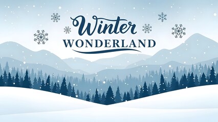 Beautiful winter wonderland landscape illustration with falling snow, stylized mountains, and evergreen forest silhouette, perfect for holiday greeting card design