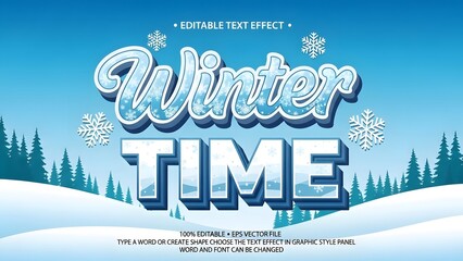 Editable text effect for winter time with icy blue font style, snowflakes, and snowy landscape background illustration