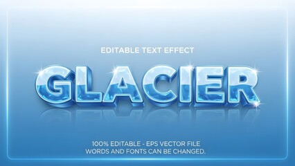 Editable text effect for the word glacier designed with a realistic 3d ice and water style on a blue gradient background