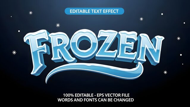 Editable text effect design featuring the word frozen in a frosty, icy blue 3d style with snow and star particle background for winter holiday or fantasy theme