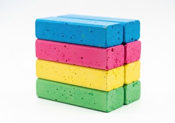 Stack of brightly colored rectangular pigment sticks balanced on a pure white background