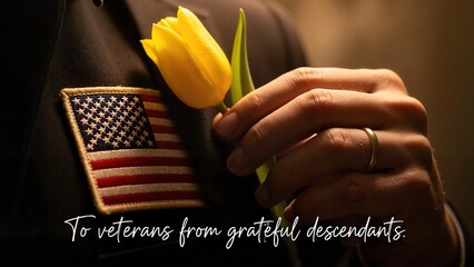 Veteran holding a yellow tulip with a military uniform and American flag symbolizing gratitude