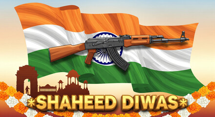 Obraz premium A patriotic illustration commemorating Shaheed Diwas, India's Martyrs' Day. This tribute design features the national flag, a rifle, and floral homage ... See More