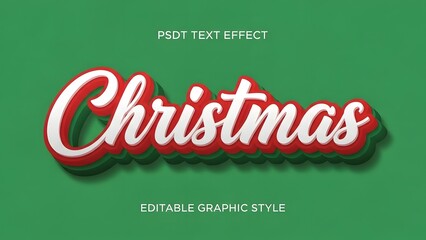 Editable psd text effect featuring the word christmas in a stylized white and red script font against a solid green background for holiday graphic design