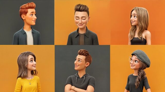 Modern diverse group of stylish 3d characters stands against warm gradient background representing inclusive youth community friendship and contemporary lifestyle for branding or explainer videos