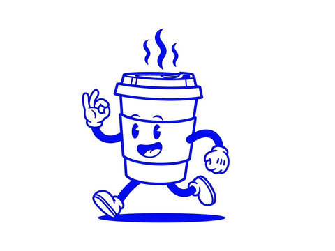 Cheerful cartoon coffee cup character jogging happily while giving an excellent okay hand gesture