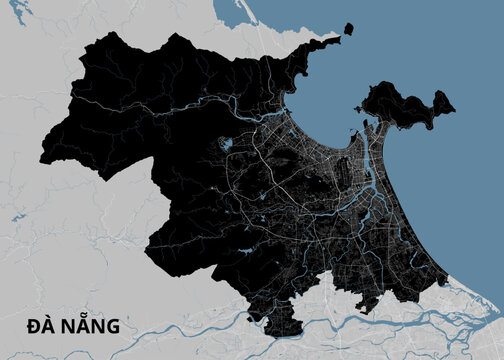 Map of Da Nang, Vietnam. The map features a dark landmass with intricate road networks and waterways. The surrounding areas are depicted in lighter shades, with the ocean in a blue hue. 