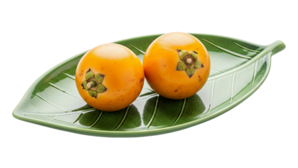 Two lulo fruits in a leave plate, white background isolated
