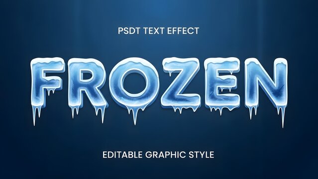 Editable graphic style text effect for the word frozen with ice and frost texture on a dark blue background, psdt text effect