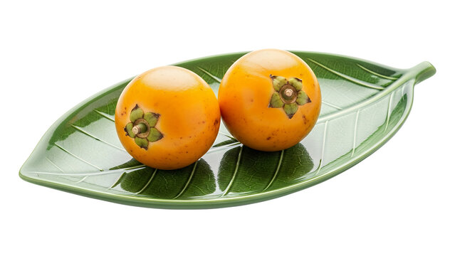 Two lulo fruits in a leave plate, white background isolated