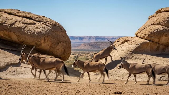 Majestic antelopes traversing rocky desert terrain in graceful motion