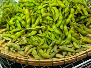 A close-up shot of a pile of freshly picked, green Edamame pods (young soybeans) piled on a round, woven bamboo tray, likely for sale at a market.