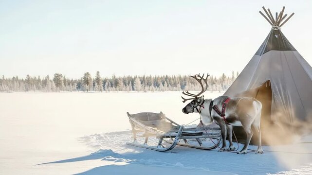 Idyllic arctic scene with reindeer pulling sleigh past snowy teepee in winter wonderland