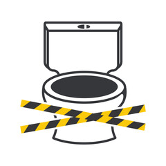 Isolated icon toilet or restroom and crossed yellow stripes tape, showing bathroom temporary out of order or service warning.