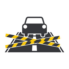Isolated pictogram of a road with red traffic cone, symbolizing road closure, street block, detour direction, construction warning, and transportation safety signage