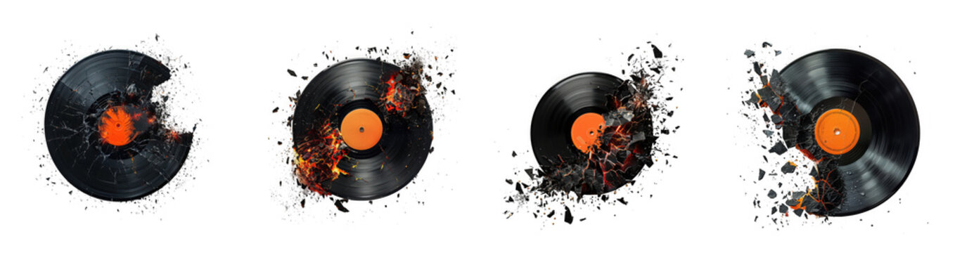 Four broken vinyl records exploding into dust particles isolated on white isolated on transparent background