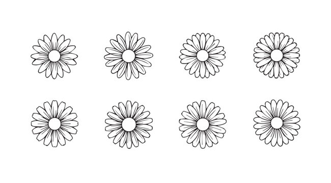 Set of eight hand-drawn daisy floral elements in a delicate sketchy artistic style vector