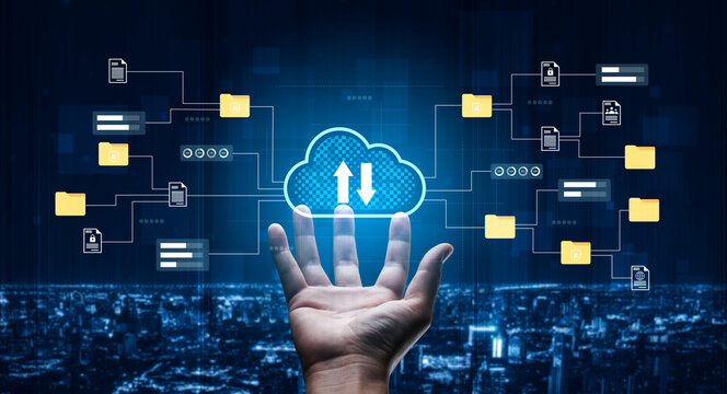 A conceptual image showcasing cloud computing technology with hands reaching out for data transfer, set against a futuristic urban background, symbolizing innovation. Gantry
