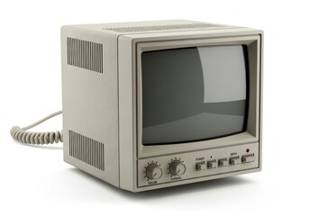 Small, beige, boxy electronic display unit sits isolated on a white background