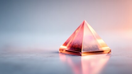 A stunning, translucent pyramid-shaped object with shimmering details, reflecting light beautifully on a smooth surface.